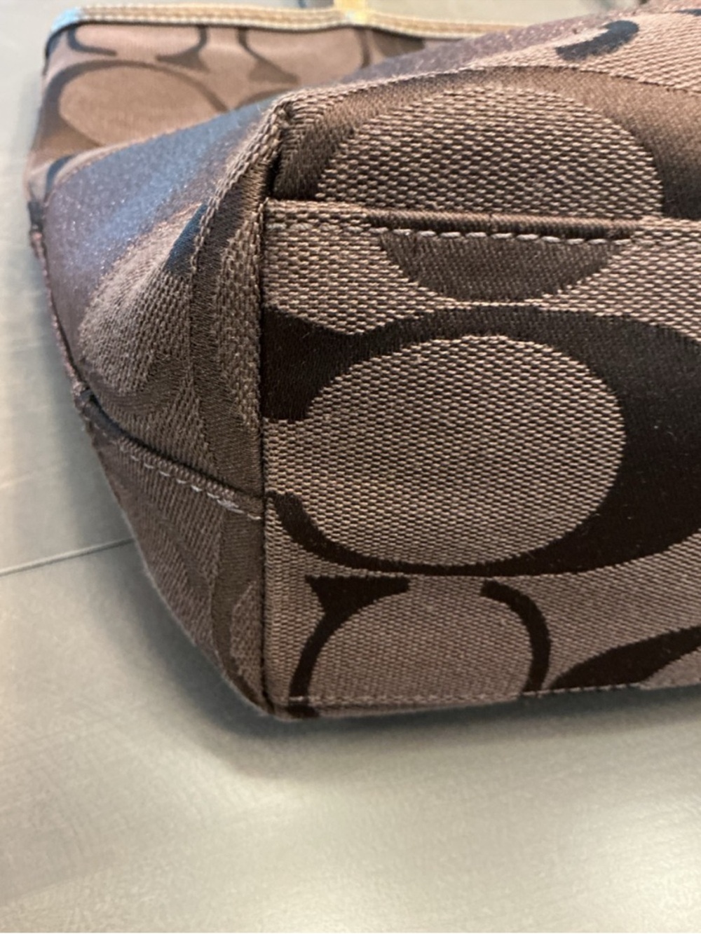 Coach Y2K Signature Stripe Tote Bag Dark Brown Metallic Bronze Trim F13548 EUC - Picture 7 of 10